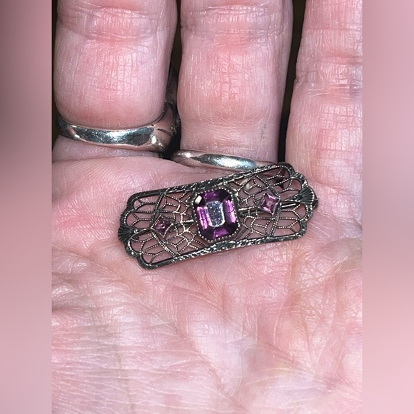 Art Deco Sterling Silver And Purple Glass?Stone?Ornate Design Small Dainty Pin - Picture 4 of 15